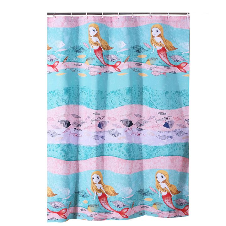 Wini 72 x 72 Inch Shower Curtain, Mermaid Print, Blue, Pink Polyester - Benzara