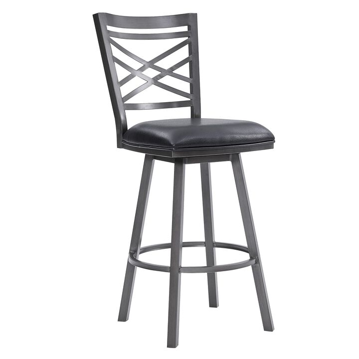 26  Inches Metal Cross Back Counter Barstool with Leatherette Seat, Gray-Benzara