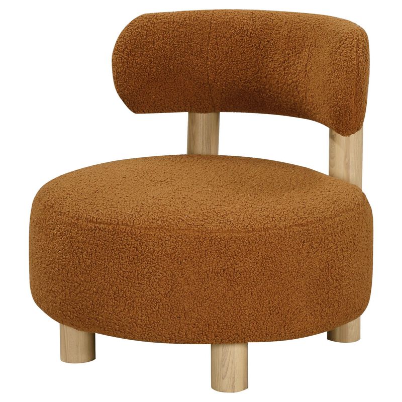 Zona Accent Chair, Barrel Back, Orange Boucle Fabric and Brown Wood - Benzara