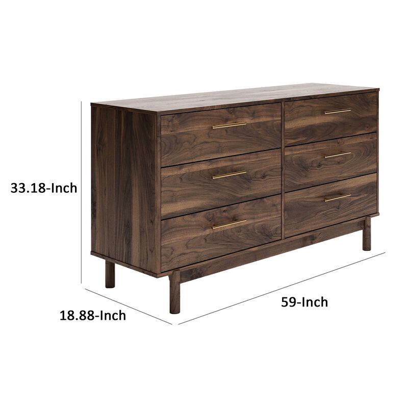 Kip 59 Inch Modern Dresser, Brown Wood Frame, 6 Drawers, Gold Metal Handles - Benzara