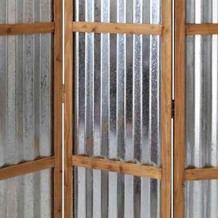Industrial 3 Panel Foldable Screen with Corrugated Design,Silver and Brown-Benzara