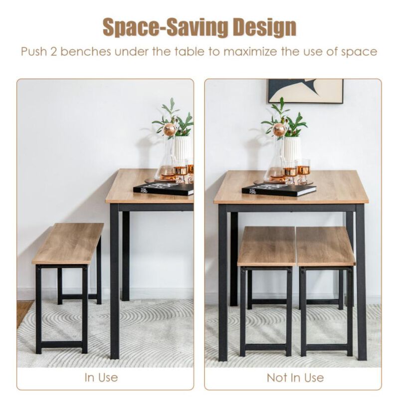 Hivvago 3 Pieces Dining Table Set with 2 Benches for Dining Room Kitchen Bar