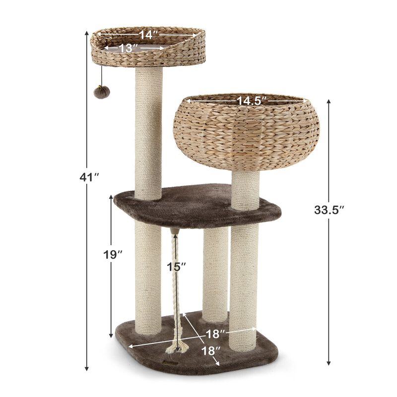 41 Inch Rattan Cat Tree with Napping Perch-Beige