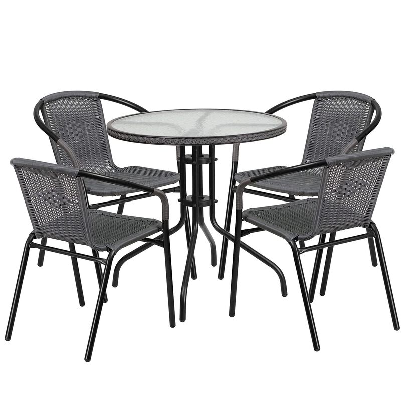 Flash Furniture Lila 28'' Round Glass Metal Table with Gray Rattan Edging and 4 Gray Rattan Stack Chairs