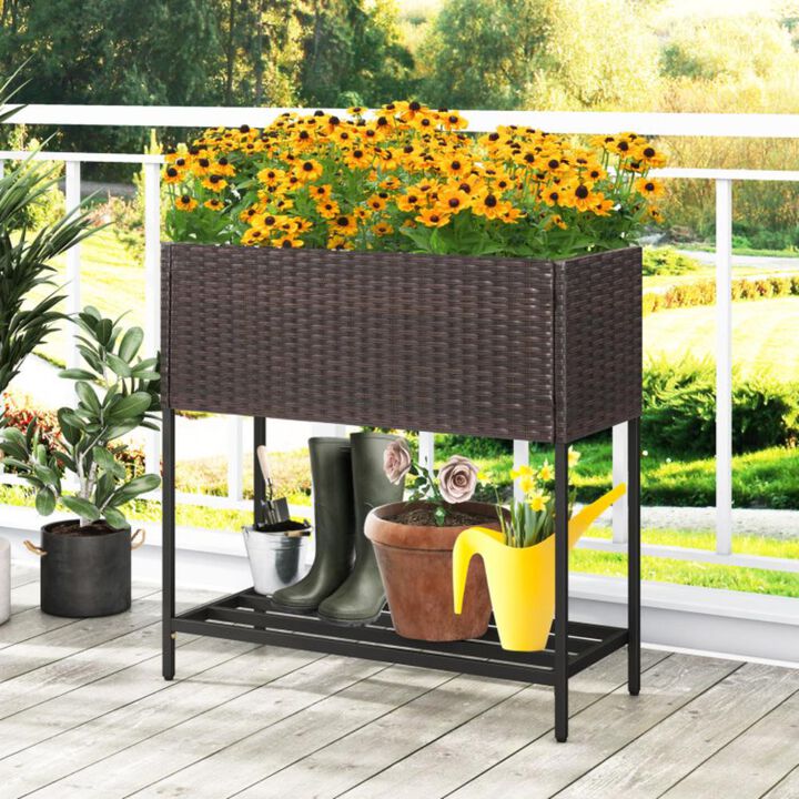 Hivvago Wicker Raised Garden Bed with Storage Shelf and Removable Liner for Flowers
