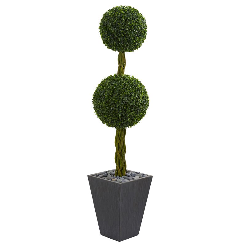 Hivvago 5 Feet Double Ball Boxwood Topiary Artificial Tree in Slate Planter UV Resistant (Indoor/Outdoor)r)