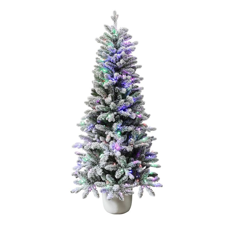 LuxenHome 5Ft Multicolored Pre-Lit Flocked Artificial Tree Potted