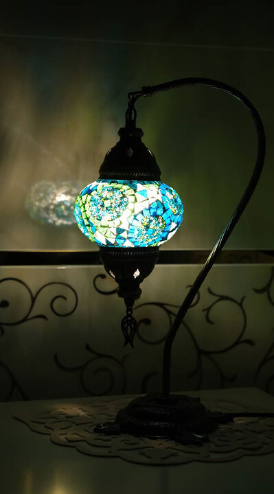 18 in. Handmade Swan Neck Turquoise Mosaic Glass Table Lamp with Brass Color Metal Base