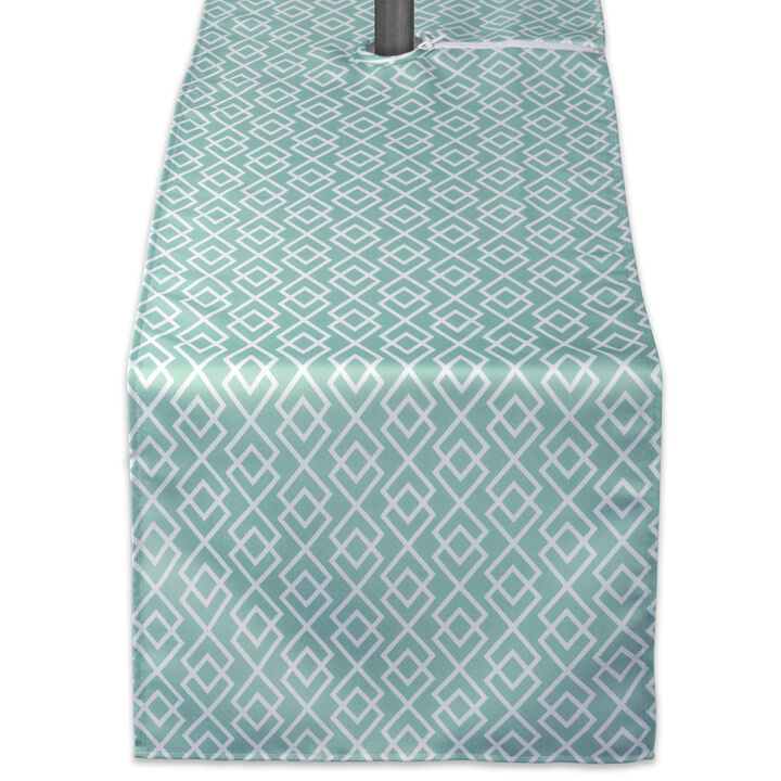 108" Aqua Blue and White Diamond Rectangular Outdoor Table Runner with Zipper