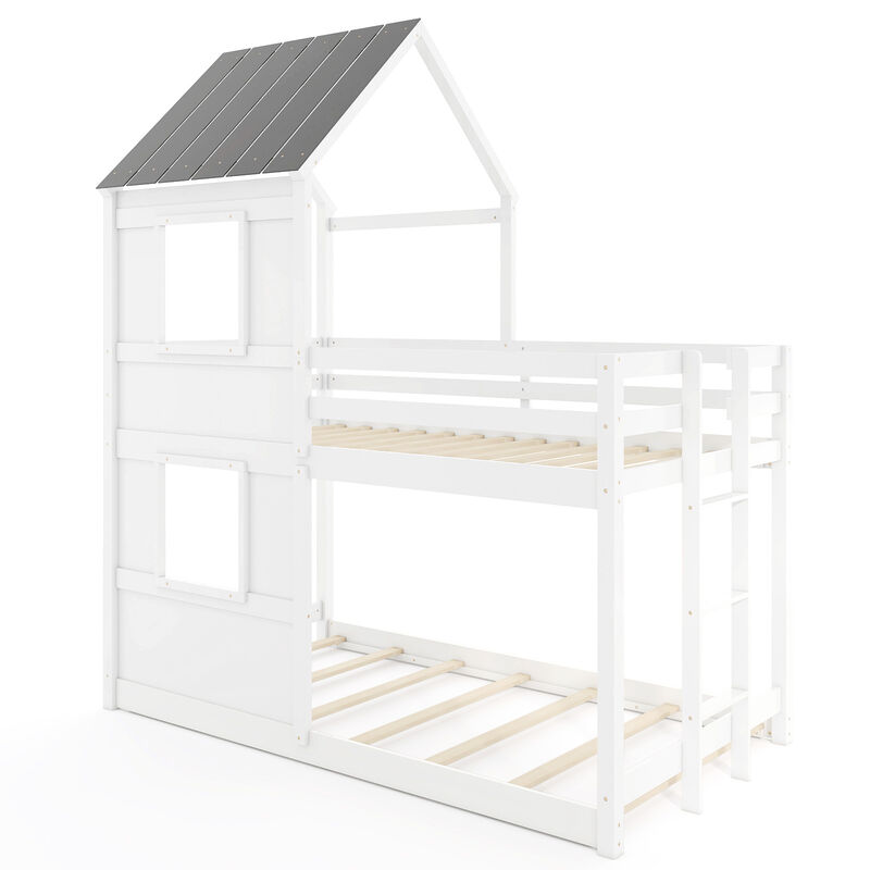 Wooden Bunk Bed with Full-length Safety Guardrail and Ladder