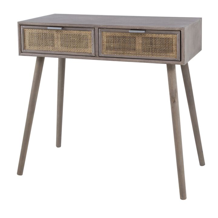 Pia 31 Inch Console Table, Pine Wood, 2 Drawer, Woven Rattan, Rustic Brown-Benzara