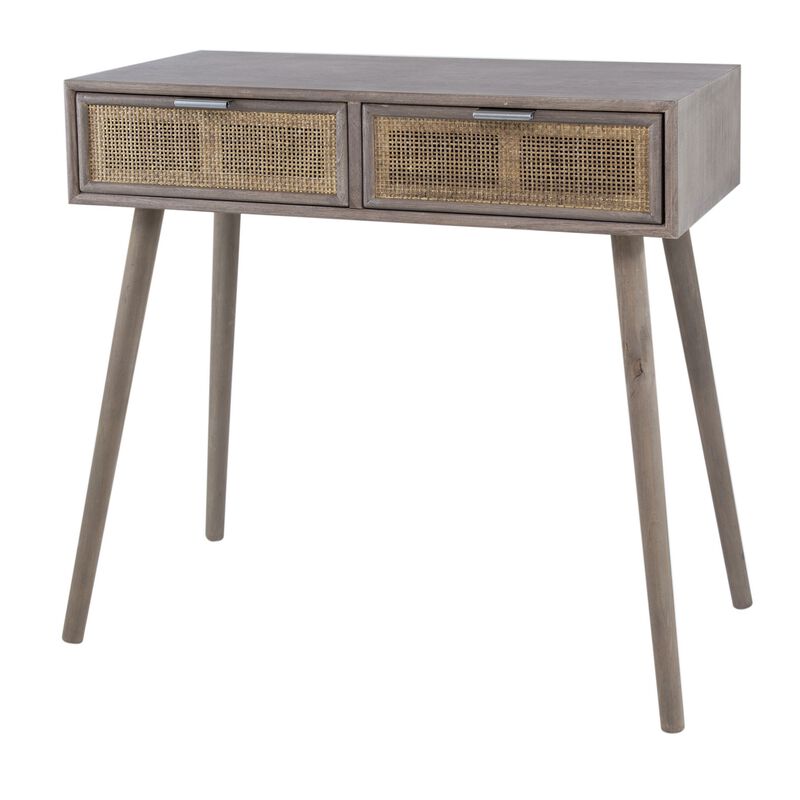 Pia 31 Inch Console Table, Pine Wood, 2 Drawer, Woven Rattan, Rustic Brown-Benzara