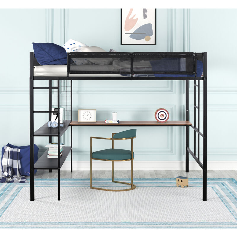 Sturdy Metal Loft Bed with Desk & Shelves