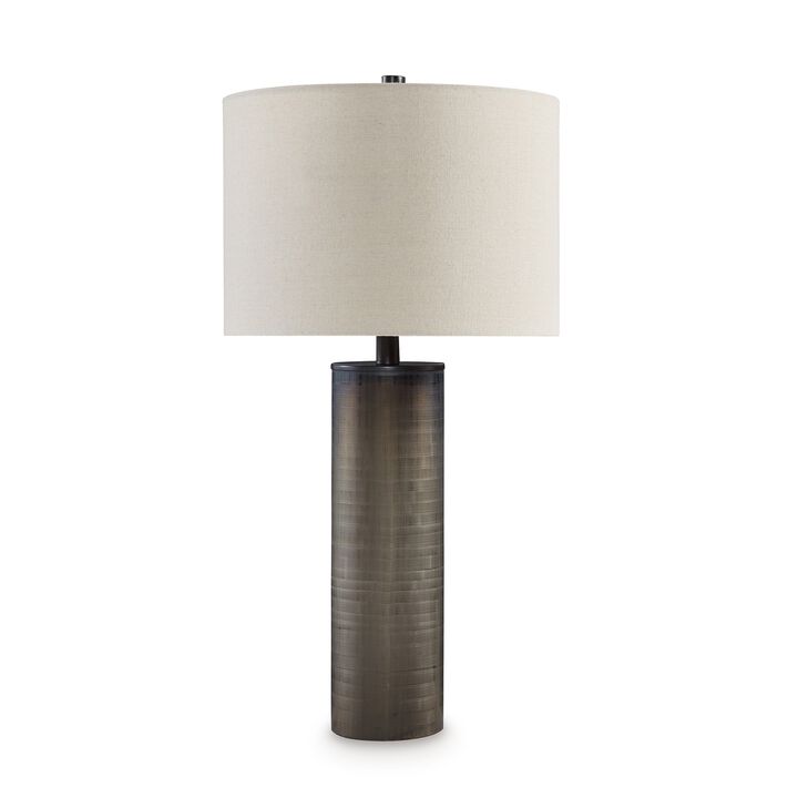 28 Inch Table Lamp, Brown Carved Frosted Glass, White Drum Fabric Shade - Benzara