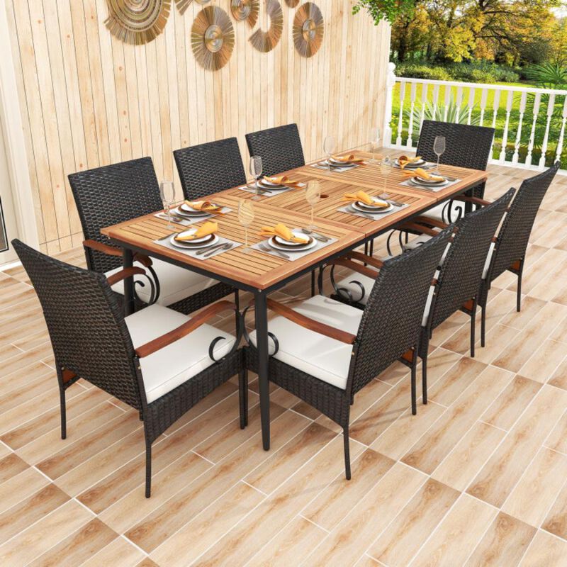 Hivvago 79 Inch Outdoor Dining Table and 8 Rattan-woven Dining Chairs with Acacia Wood Tabletop