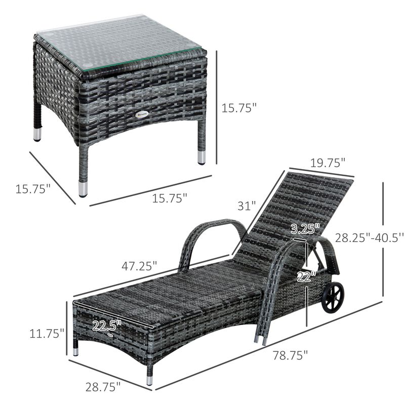 Gray Outdoor Relaxation: 3-Piece Wicker Chaise Lounge Set with Table