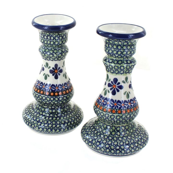 Blue Rose Polish Pottery Grapes Candlestick Pair with Cobalt Trim