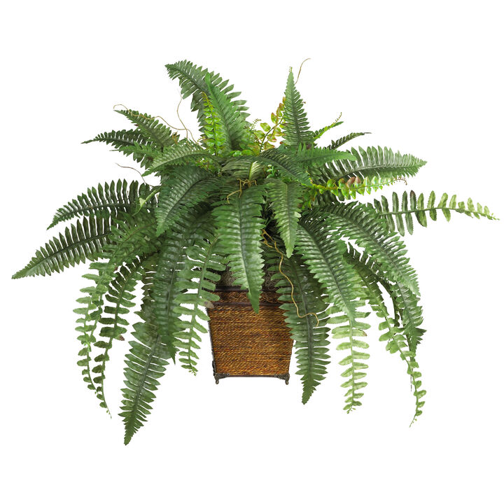 Hivvago Boston Fern w/Wood Wicker Basket Silk Plant