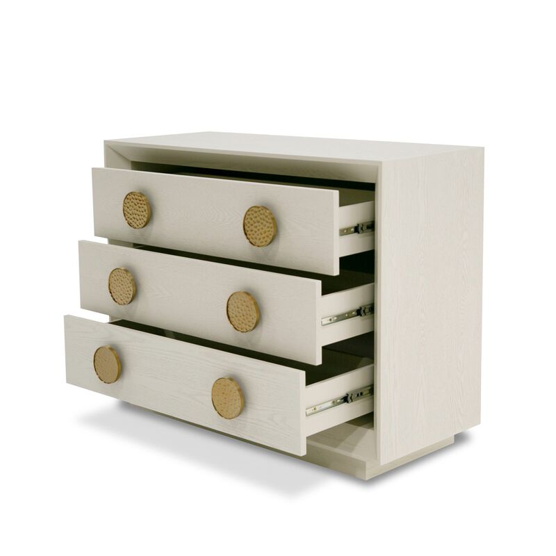 Cid Jorie 39 Inch Nightstand, 3 Drawers, Cream White Wood, Steel Handles - Benzara