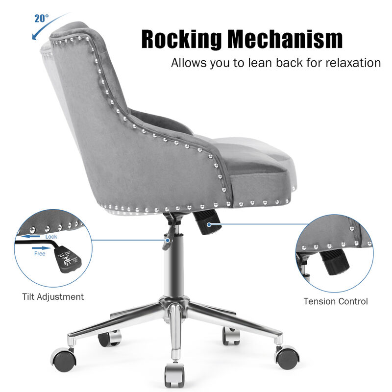 Costway Velvet Office Chair Tufted Upholstered Swivel Computer Desk Chair w/ Nailed Trim
