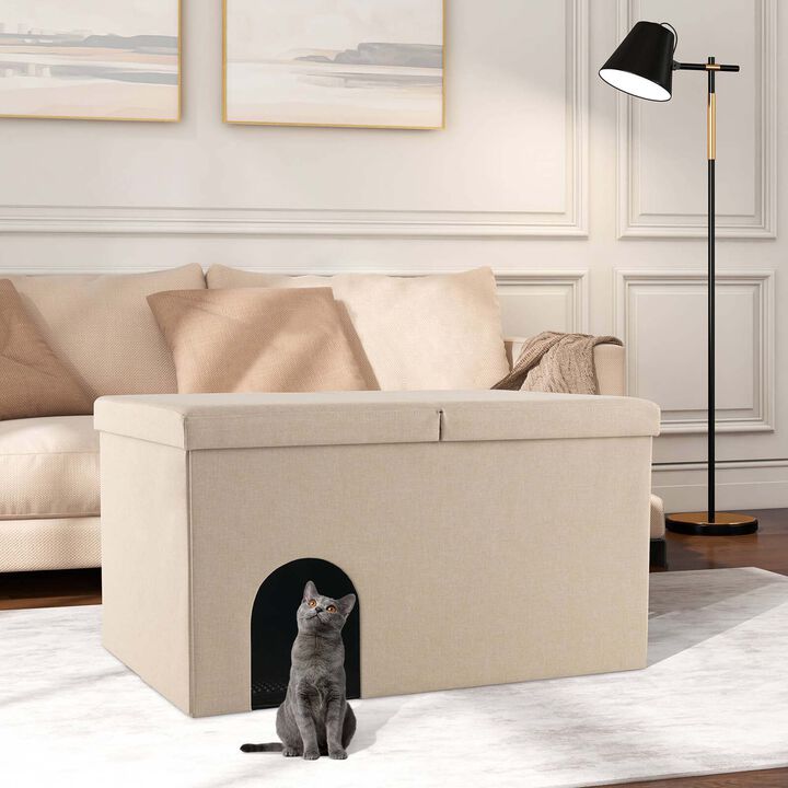 Costway Cat Litter Box Enclosure Hidden Furniture Cat Washroom Shoe Storage Bench Grey