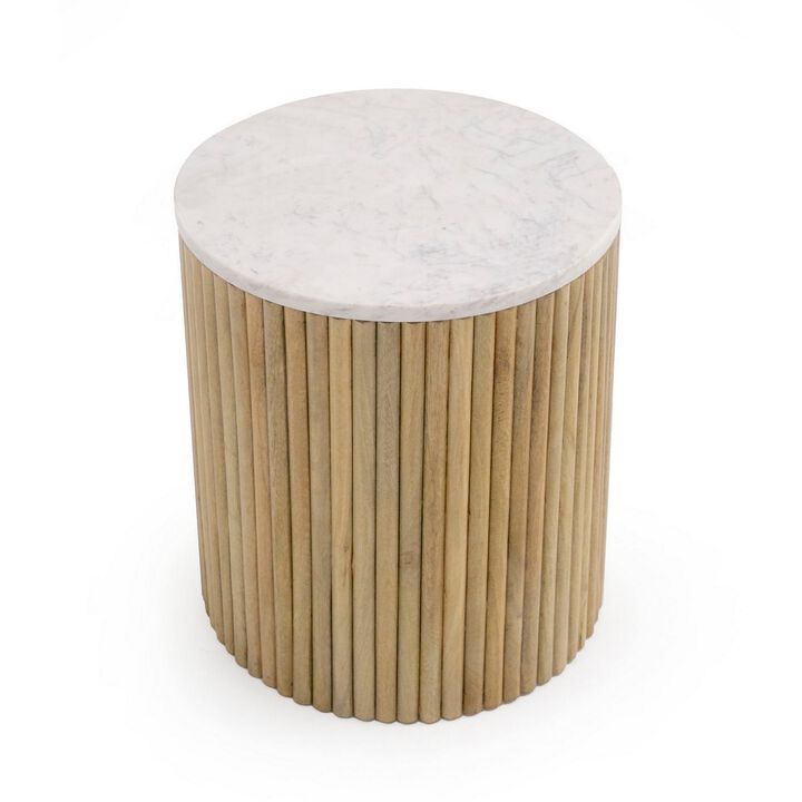 Cid Jolie 18 Inch Side End Table, White Marble Top, Brown Mango Wood Base - Benzara