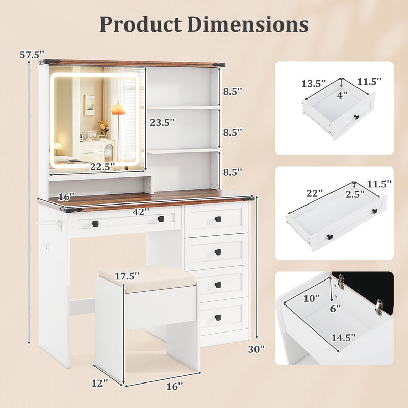 Farmhouse Vanity Set with Mirror and 3-Color Lighting