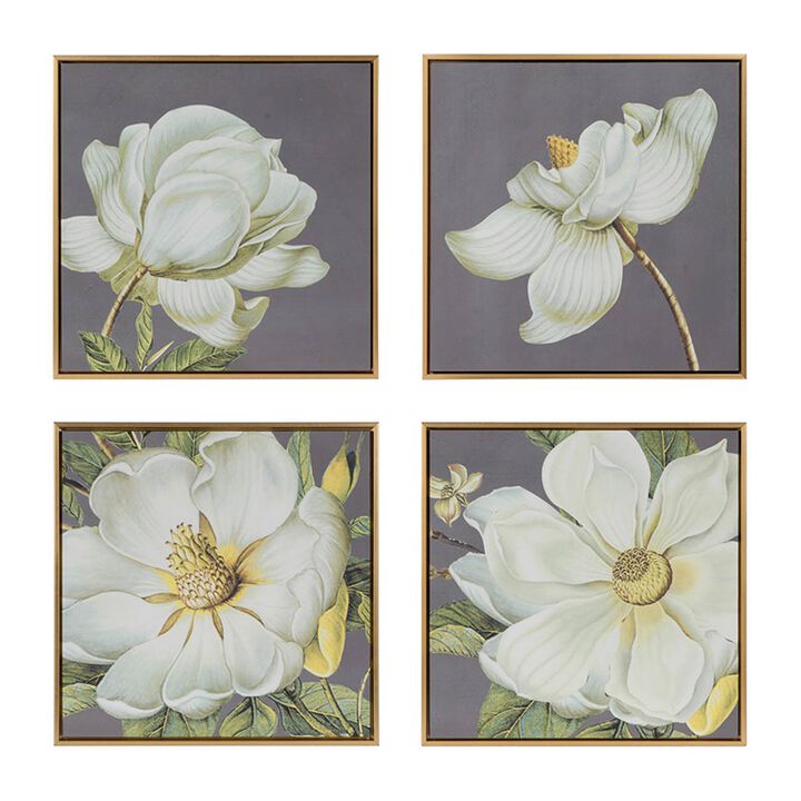 Nia 20 x 20 Flower Wall Art Set of 4, White, Green Microfiber, Pine Wood - Benzara