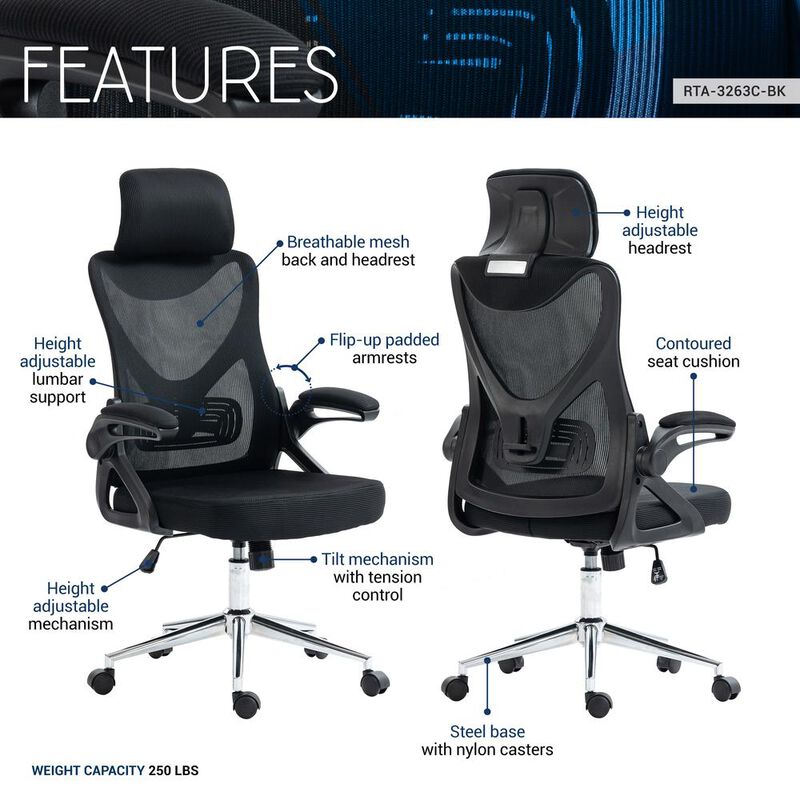 Techni Mobili Office Chair with Lumbar Support & Adjustable Headrest