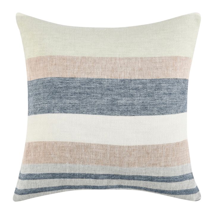 Diu Throw Pillow, 22 Inch Woven Linen, Coastal Striped White Gray Blue - Benzara