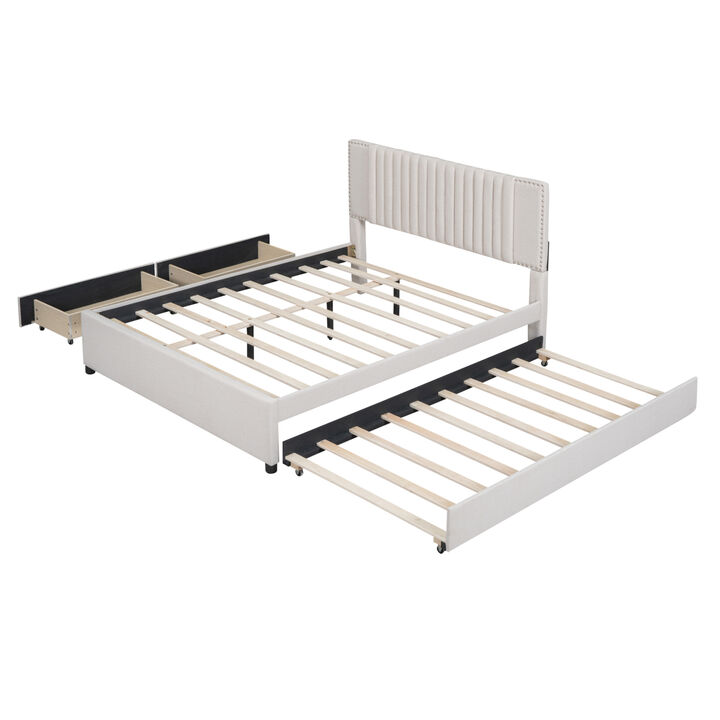 Queen Size Upholstered Platform Bed With 2 Drawers And 1 Twin XL Trundle, Classic Headboard Design