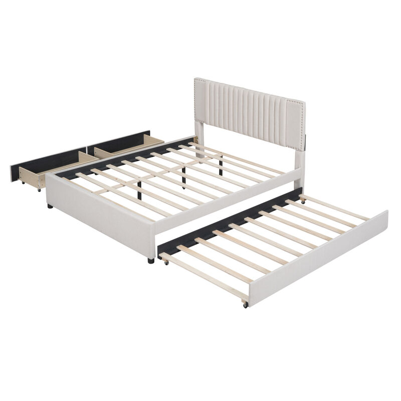Queen Size Upholstered Platform Bed With 2 Drawers And 1 Twin XL Trundle, Classic Headboard Design