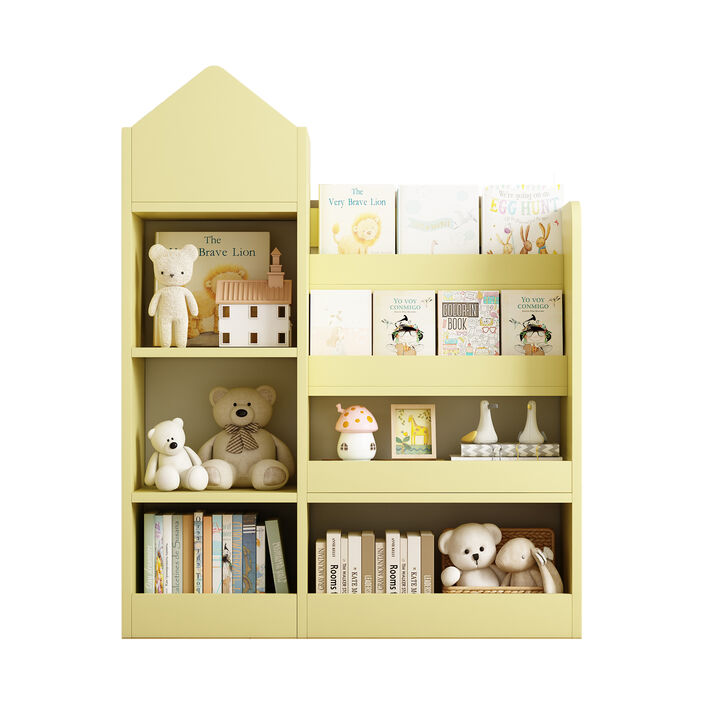 Kids Wooden Bookshelf Toy Storage Organizer with Bookcase, Kid's Bin Storage Unit with 6 Compartments 2 Baskets Bins Toys Box Organizer, Children Multi Shelf Cubby for Books, Toys Shelf