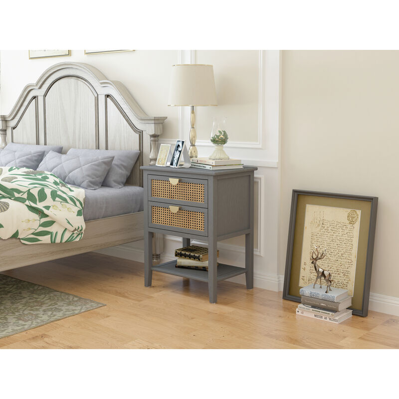 2 Drawer Side Table, Natural Rattan, End Table, Suitable For Bedroom, Living Room, Study