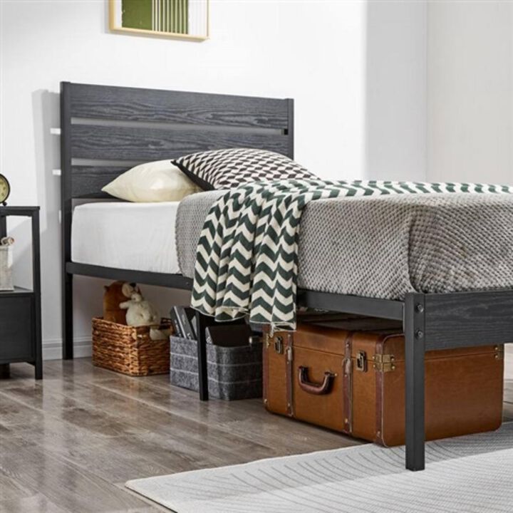 Hivvago Twin size Industrial Platform Bed Frame with Wood Slatted Headboard in Black