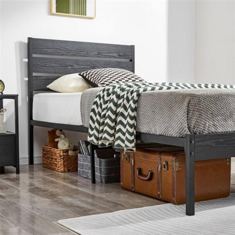 Hivvago Twin size Industrial Platform Bed Frame with Wood Slatted Headboard in Black