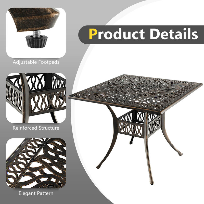 35.4 Inch Aluminum Patio Square Dining Table with Umbrella Hole