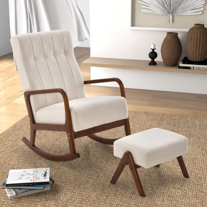 Hivvago Rocking Chair with Ottoman and Solid Rubber Wood Frame and Padded Cushion