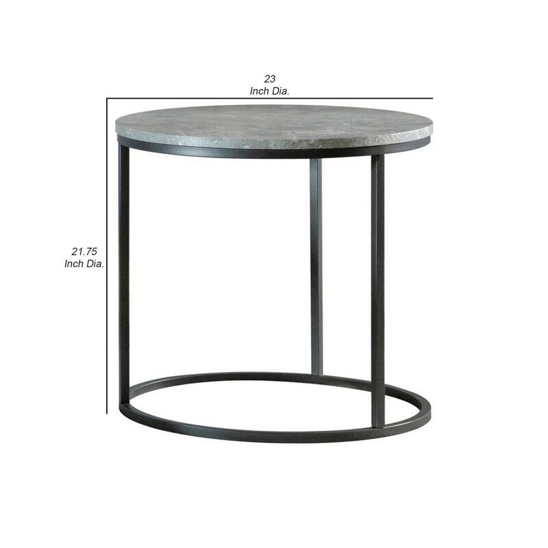 End Table with Textured Round Faux Marble Top, Gray-Benzara