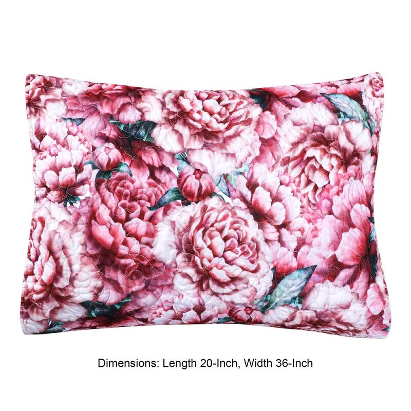 36 Inch Quilted King Pillow Sham, Cotton Fill, White and Lavender Blossoms - Benzara