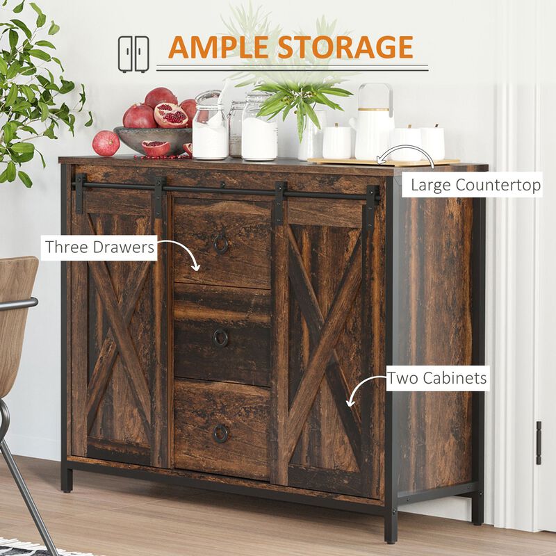 Rustic Brown Kitchen Storage: Buffet Cabinet with Barn Doors & Drawers