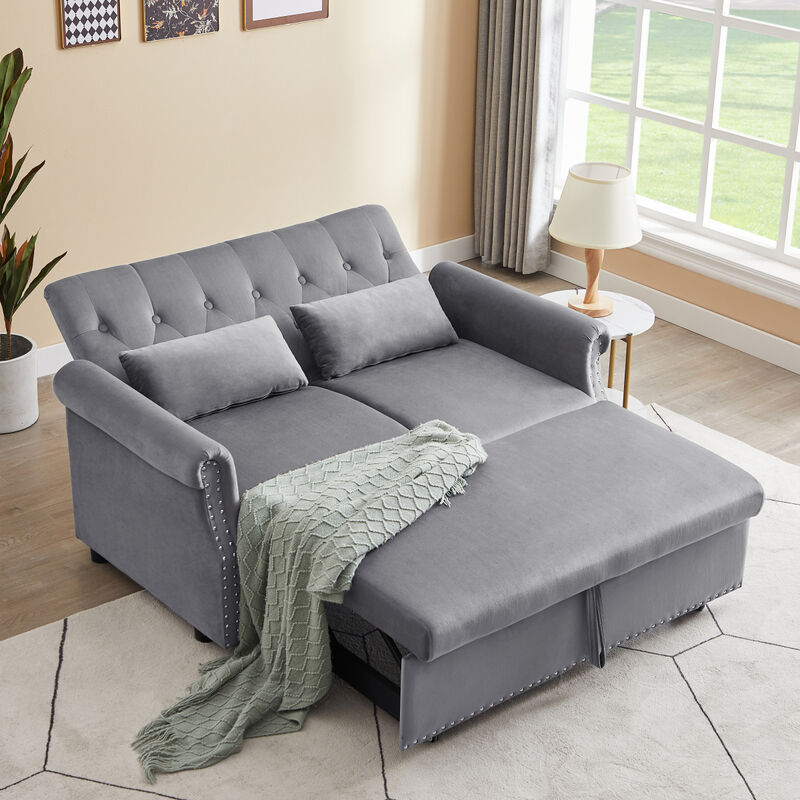 55" Modern Shiny Velvet Convertible Loveseat Sleeper Sofa Couch with 2 Lumbar Pillows