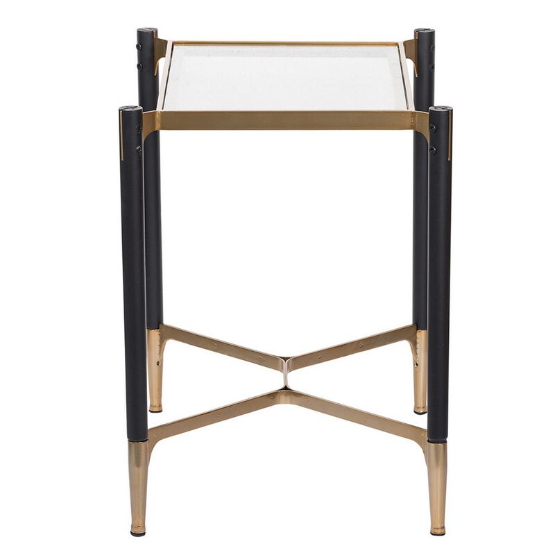 24 Inch Accent Side Table, Iron Frame, Glass Top, Modern, Gold, Black - Benzara
