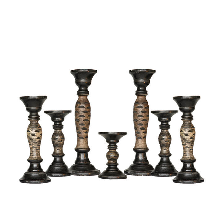 Traditional Dark Polish Eco-friendly Handmade Mango Wood Set Of Seven 15",12",9",6",9",12" & 15" Pillar Candle Holder BBH Homes