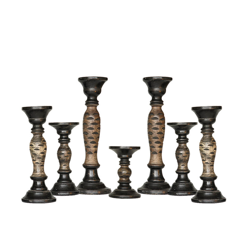 Traditional Dark Polish Eco-friendly Handmade Mango Wood Set Of Seven 15",12",9",6",9",12" & 15" Pillar Candle Holder BBH Homes