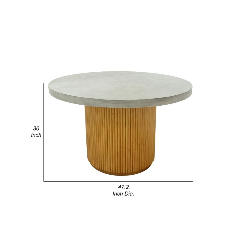 Cid Zeta 47 Inch Dining Table, Round Gray Concrete Top, Ribbed Brown Base - Benzara
