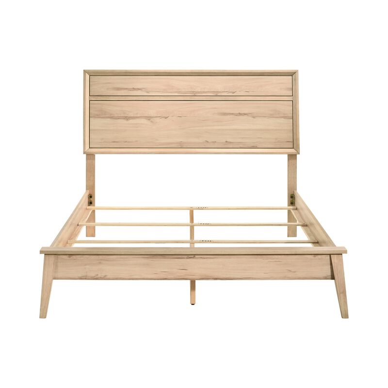 Kali Queen Bed, Panel Design, Melamine Laminate Natural Oak Brown Wood - Benzara
