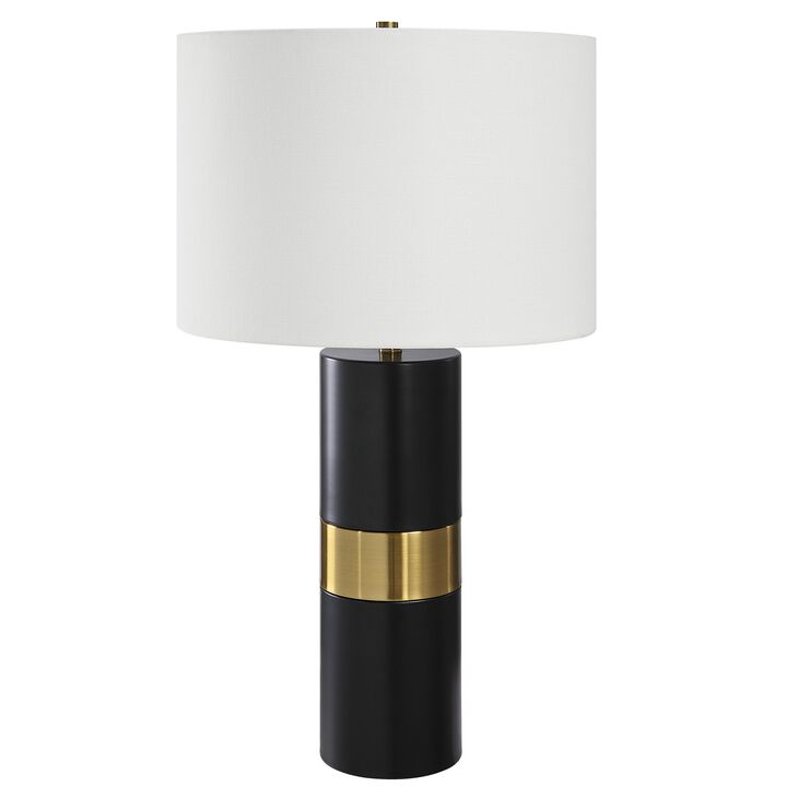 27 Inch Table Lamp, White Round Hardback Drum Shade, Black, Gold Accents - Benzara