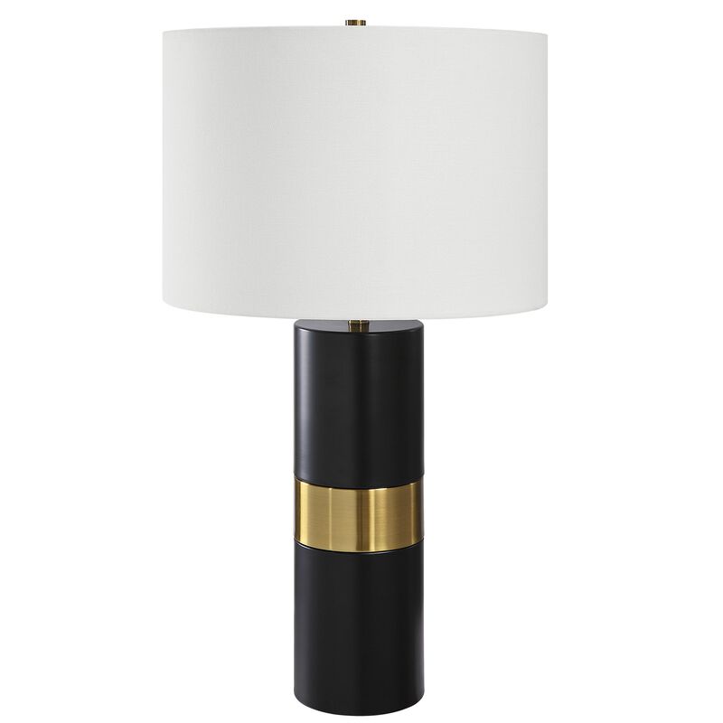 27 Inch Table Lamp, White Round Hardback Drum Shade, Black, Gold Accents - Benzara
