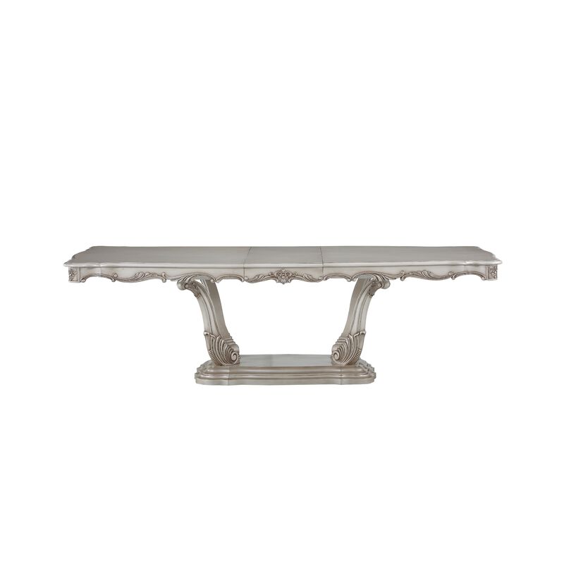 Traditional Style Dining Table with Scrolled Floral Motifs, Cream - Benzara
